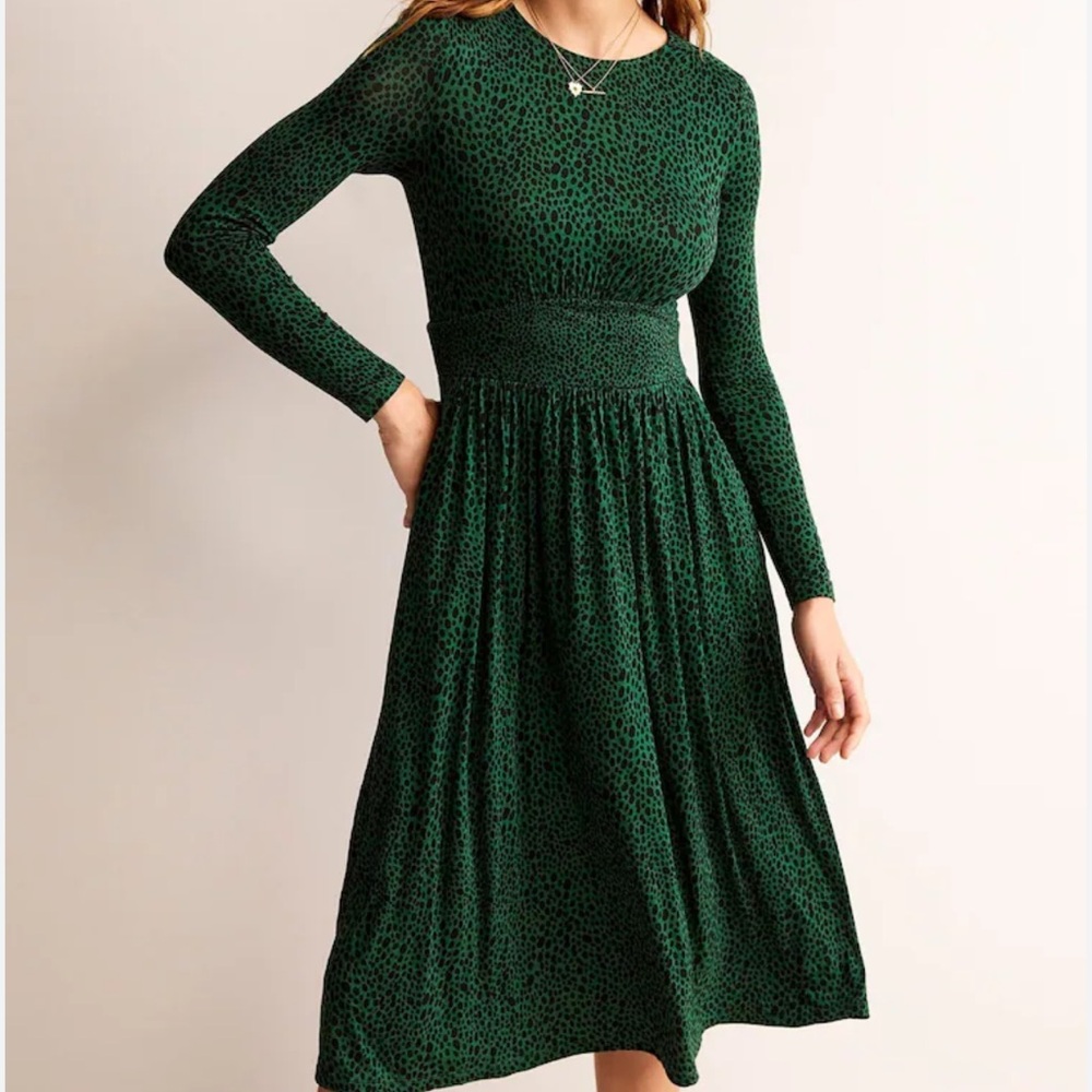 Boden Emerald Green Patterned Long Sleeve Midi Dress